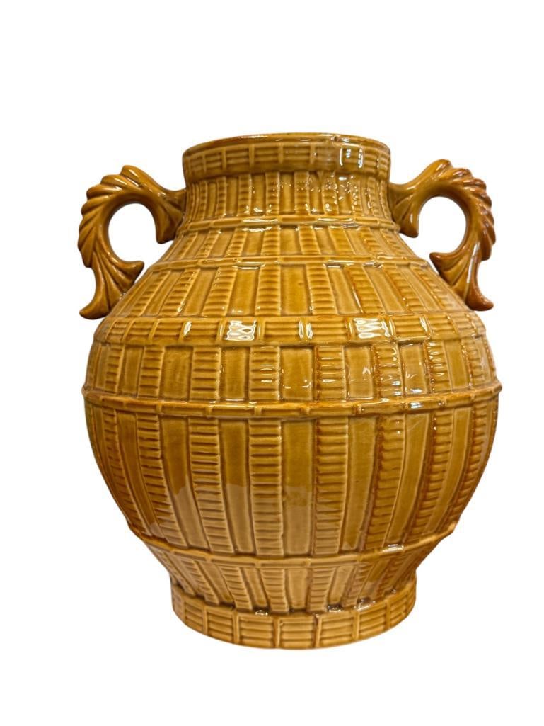 LARGE MUSTARD GLAZE JUG WITH BULBOUS BODY AND DECORATIVE HANDLES: 12" H