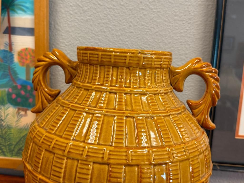 LARGE MUSTARD GLAZE JUG WITH BULBOUS BODY AND DECORATIVE HANDLES - 2