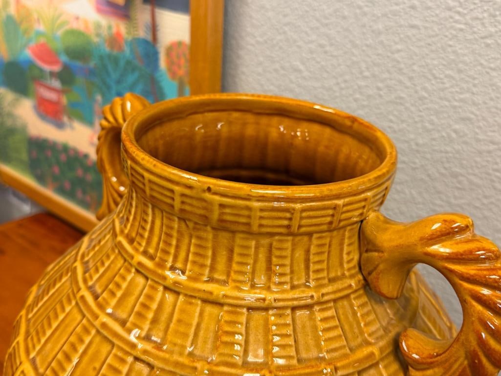 LARGE MUSTARD GLAZE JUG WITH BULBOUS BODY AND DECORATIVE HANDLES - 3