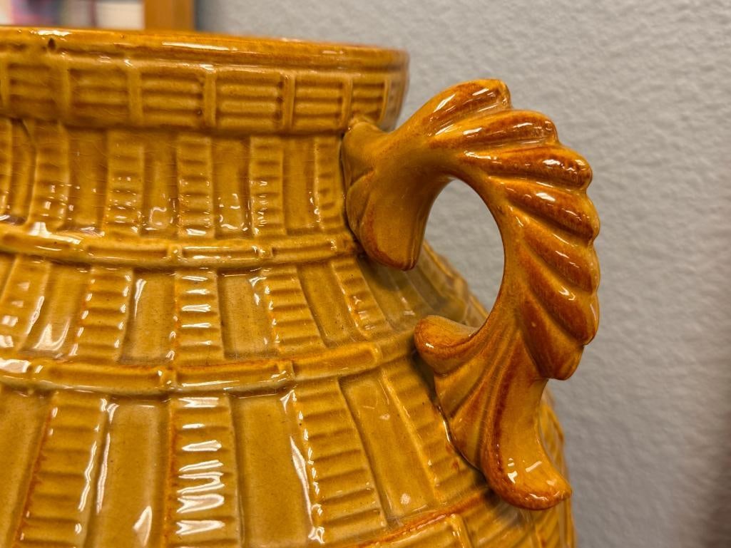LARGE MUSTARD GLAZE JUG WITH BULBOUS BODY AND DECORATIVE HANDLES - 4