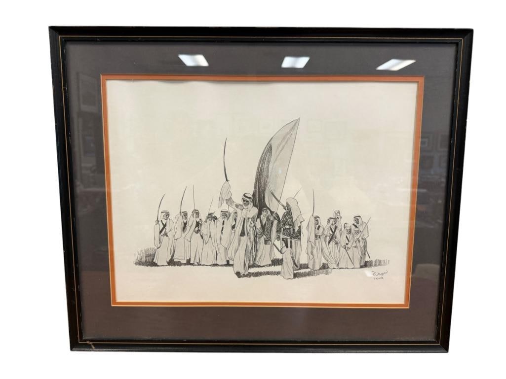 MID-20TH CENTURY PRINT OF FIGURES IN MIDDLE EASTERNATTIRE HOLDING SWORDS: ART DEPICTS MANY FIGURES HOLDING SWORDS, SIGNED LOWER RIGHT, FRAMED 24" X 19" FRAME