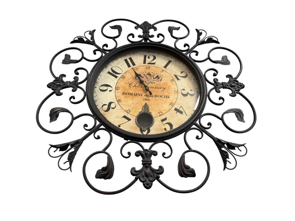 FRENCH STYLED DECORATIVE METAL WALL CLOCK WITH CHARDONNAY WINE LABEL DESIGN: LEAF AND SCROLL ART DESIGN, MISSING PENDULUM 32" ROUND