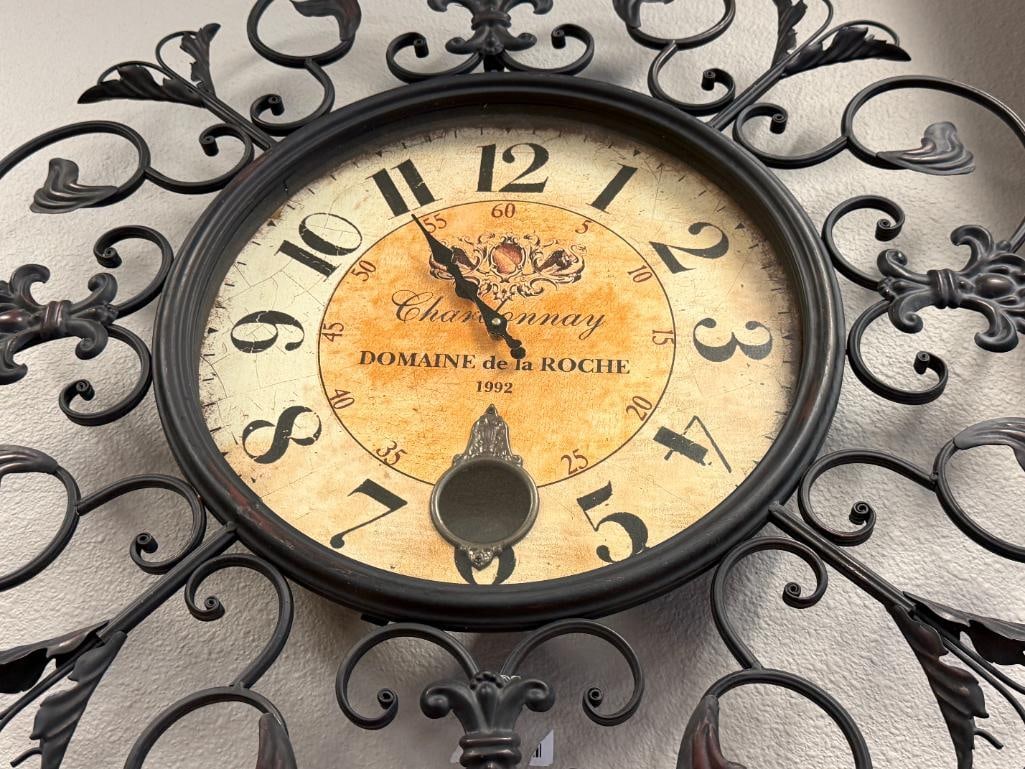 FRENCH STYLED DECORATIVE METAL WALL CLOCK WITH CHARDONNAY WINE LABEL DESIGN - 2