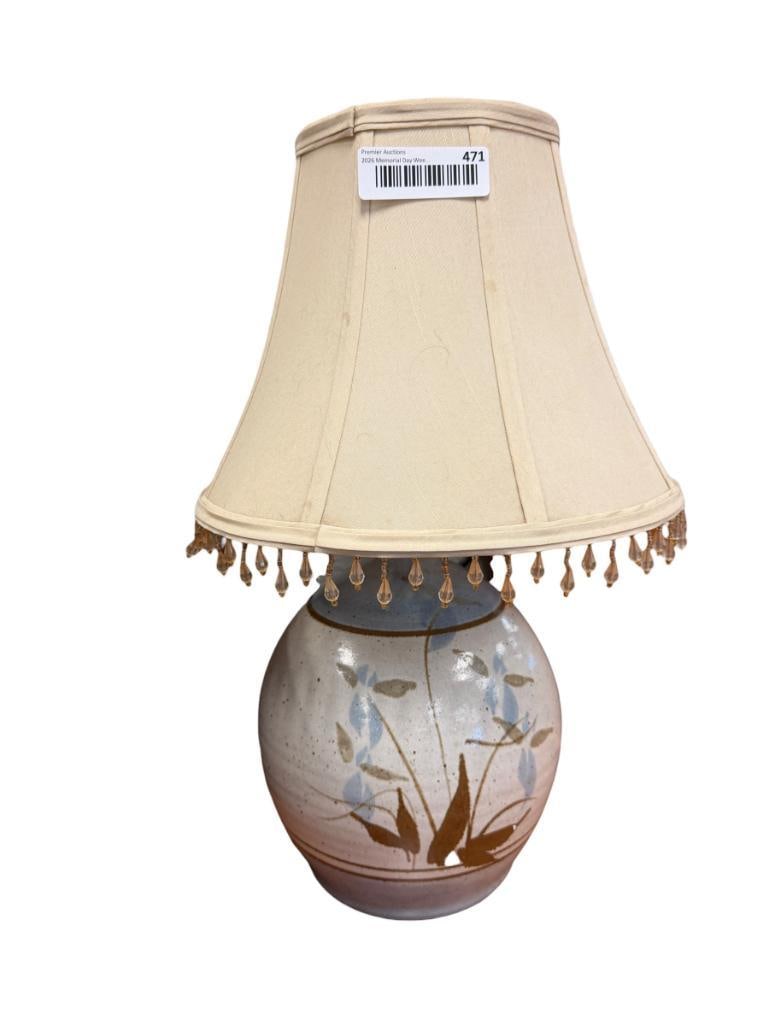 STONEWARE POTTERY BULBOUS BODY WITH FLORAL DESIGN: INCLUDES FABRIC SHADE WITH HANGING PRISMS, TESTED + 19" H