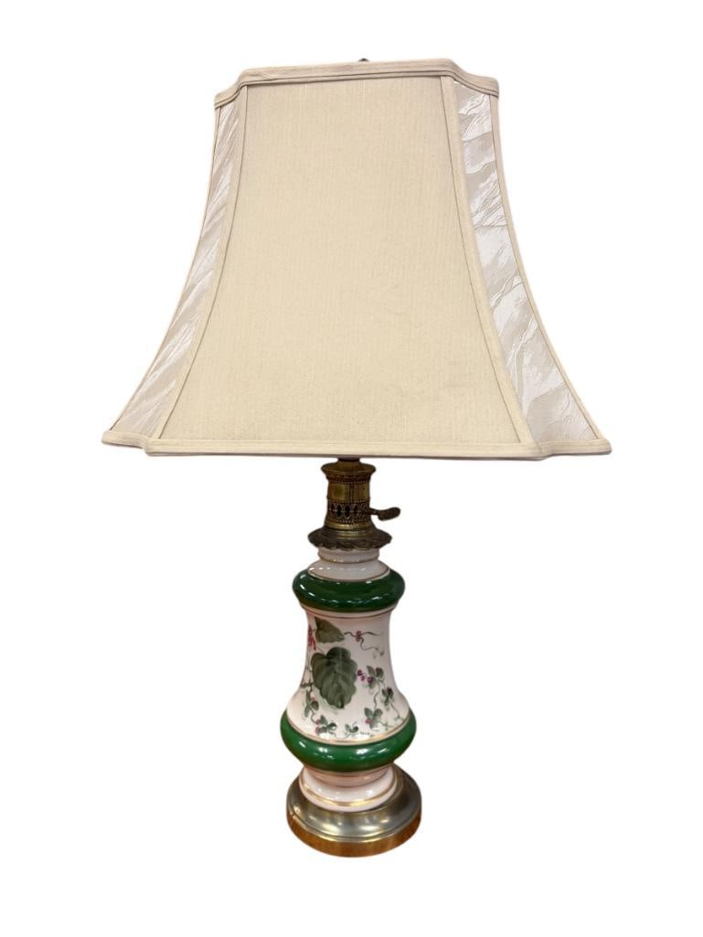 VINTAGE GREEN IVY PORCELAIN TABLE LAMP HAND PAINTED SIGNED BY ARTIST VIKY: INCLUDES FABRIC SHADE, TESTED + 27" H