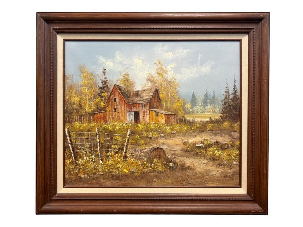 J. MEDINA ORIGINAL OIL ON CANVAS BARN LANDSCAPE PAINTING: ART DEPICTS LARGE RED BARN SURROUNDED BY MATURE TREES, SIGNED LOWER RIGHT, FRAMED 31" X 27" FRAME