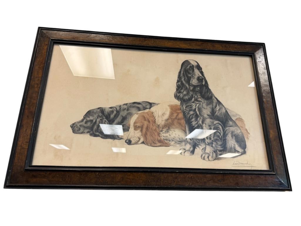 LEON DANCHIN FRENCH ARTIST HAND COLORED ETCHING COCKERS RESTING: ART DEPICTS COCKER SPANIELS RESTING, SIGNED LOWER RIGHT, ART TITLE ON THE BACK, FRAMED 41 1/2" X 27" FRAME