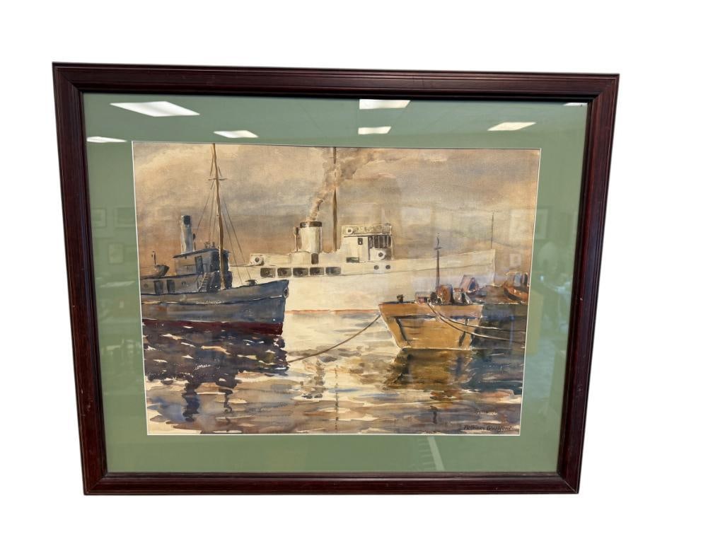 PELHALM GLASSFORD ORIGINAL WATERCOLR ON PAPER OF STEAM SHIPS: ART DEPICTS COASTAL HARBOR SCENE WITH SHIPS, SIGNED LOWER RIGHT, FRAMED 34" X 27 1/2" FRAME