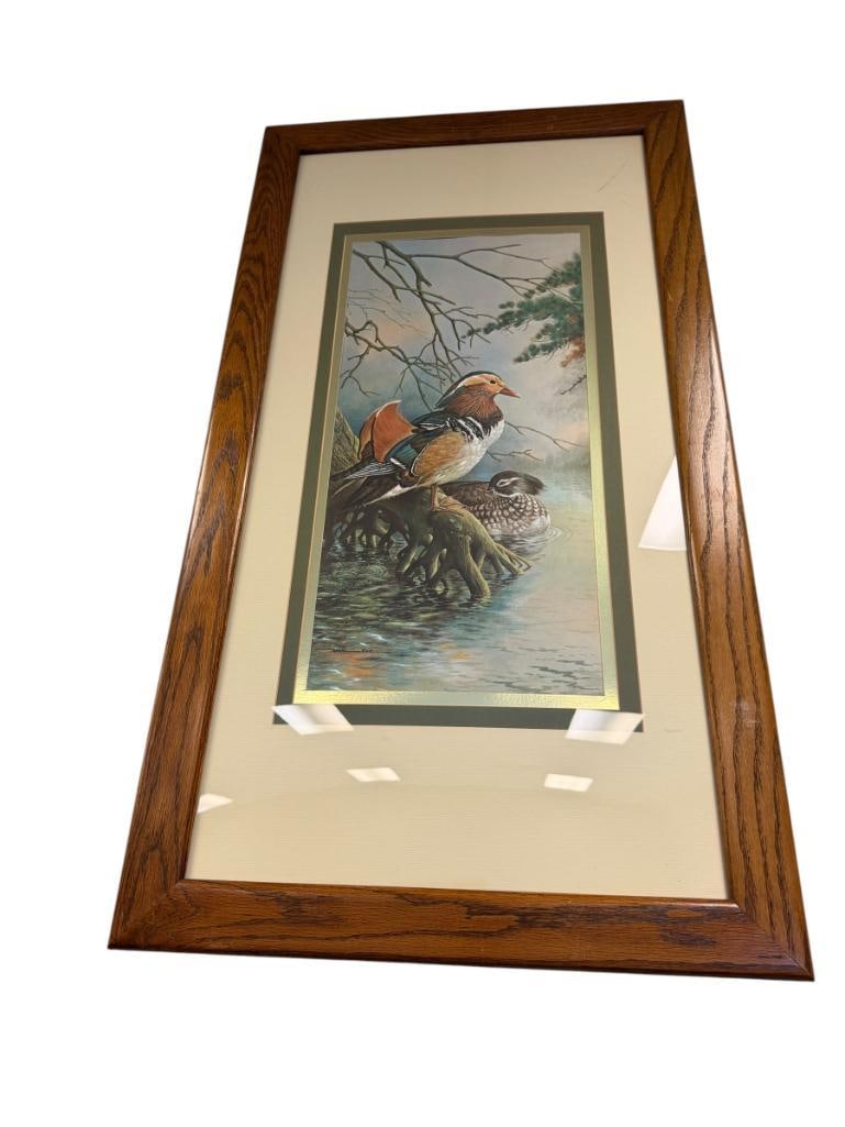 BASIL EDE WILDLIFE ARTIST PRINT OF MADARIN DUCKS: ART DEPICTS PAIR OF MANDARIN DUCKS IN NATURAL WATER SETTING, FRAMED 24 1/2" X 45 1/2" FRAME