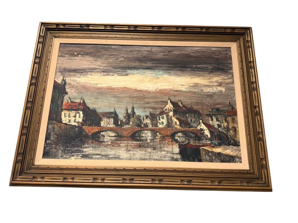 LARGE MID-CENTURY ORIGINAL OIL ON CANVASMOODY EUROPEAN CITY SCENE WITH CLASSIC ARCHITECTURAL DESIGN: SIGNED UPPER RIGHT, SHOWS PAINT CHIPS ALONG THE TOP RIGHT, FRAMED 45" X 33" FRAME