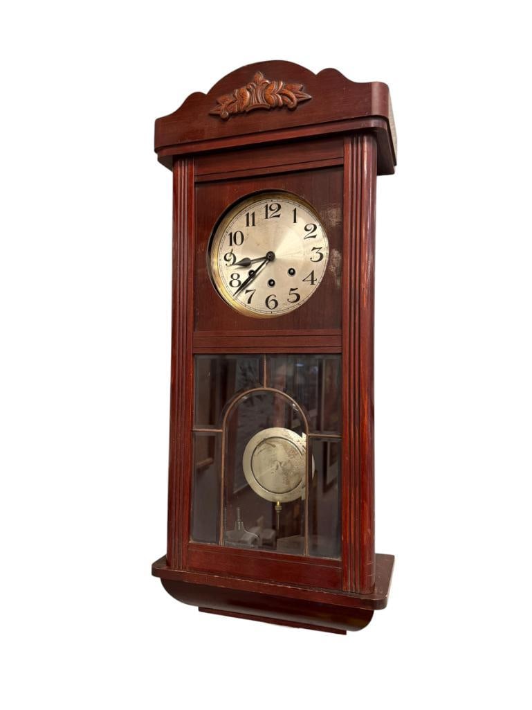 1930'S GERMAN MADE PENDULUM WALL CLOCK IN MAHOGANY CABINET (1 of 9)