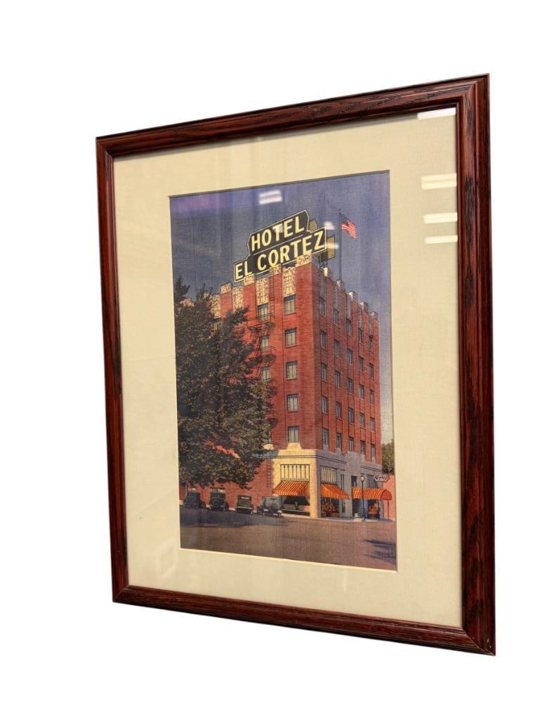 PRINT OF HOTEL EL CORTEZ IN RENO, NV ART DECO STYLED BUILDING: WAS ONCE THE TALLEST BUILDING IN RENO, ADDED TO HISTORIC REGISTER IN 1984, FRAMED 13 1/2" X 17" FRAME