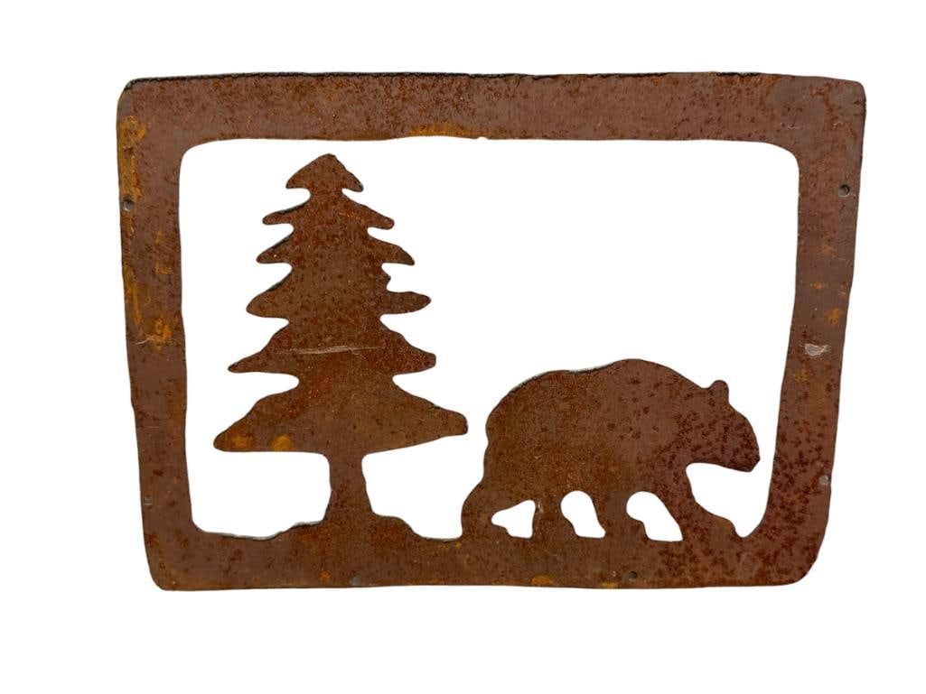 RUSTIC WESTERN CABIN PIERCED METAL WALL DECOR BEAR AND PINE TREE: 14 1/4" X 10 1/2" 