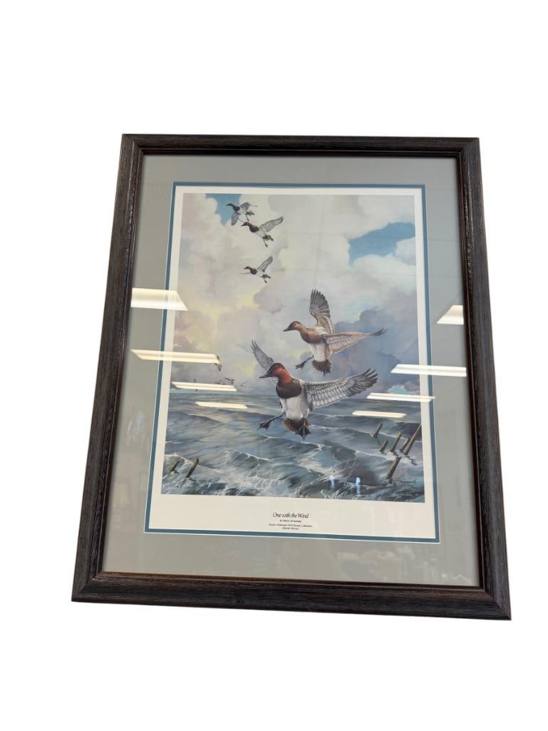 MARIO FERNANDEZ DUCKS UNLIMITED ARTIST LIMITED EDITION PRINT ONE WITH THE WIND CANVASBACK DUCKS: NO. 3418/5000, SIGNED LOWER RIGHT, FRAMED 25 1/2" X 32" FRAME
