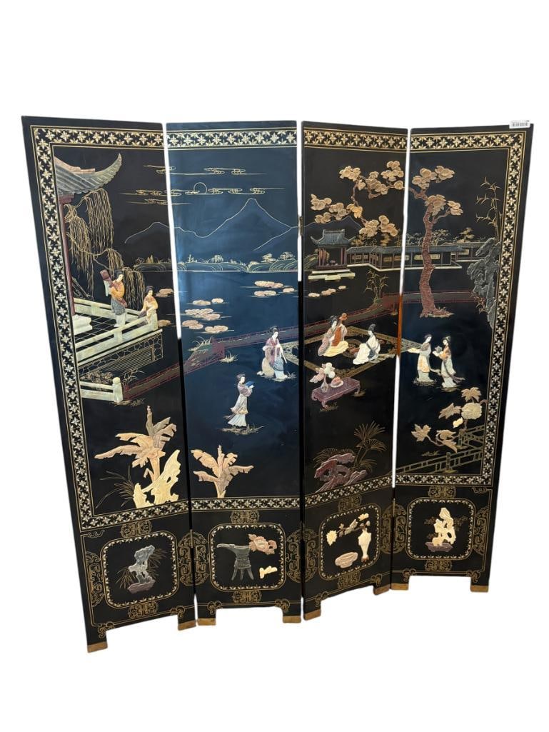 FOUR PIECE CHINESE ROOM DIVIDER / PRIVACY SCREEN WITH CARVED 3D SCENE AND MOTHER OF PEARL INLAY: FRONT SIDE DEPICTS SCENE OF WOMAN IN A GARDEN PLAYING INSTRUMENTS AND CONVERSING, BACKSIDE SHOWS GILDED IMAGERY OF BIRDS AND FLOWERS, DOES SHOW WEAR FROM AGE 64" X 72"
