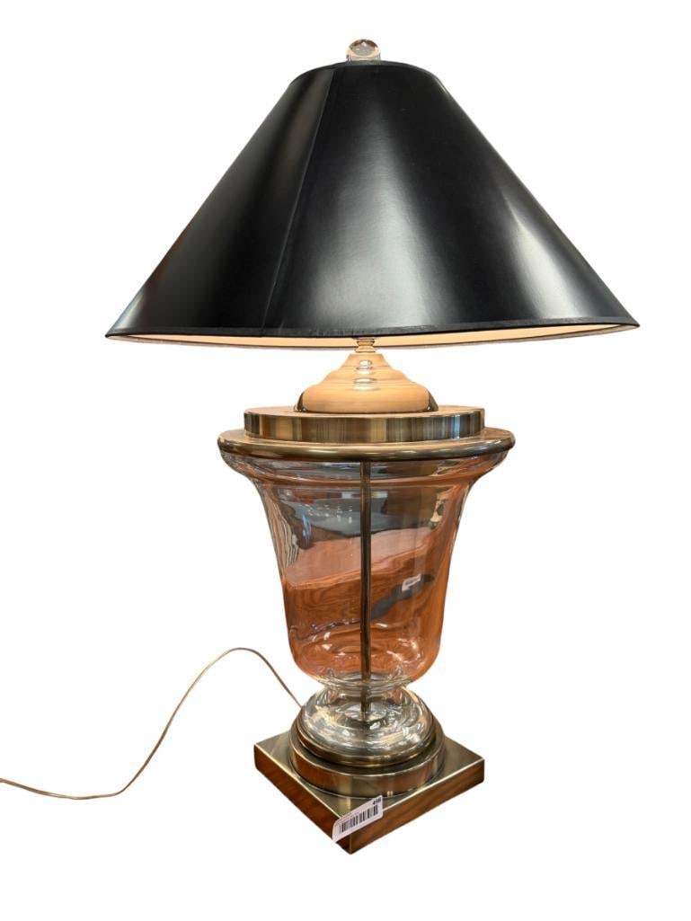 LARGE CLASSICAL GLASS AND METAL URN TABLE LAMP: NICKEL FINISH WITH GLASS CENTER, SQUARE BASE, WITH SHADE, TESTED + 33" H