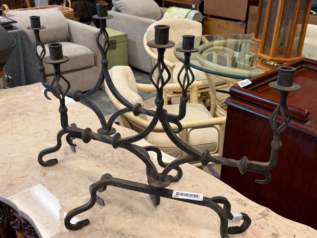 PAIR OF WROUGHT IRON FOUR FOOTED GOTHIC REVIVAL CANDLE HOLDERS - 2