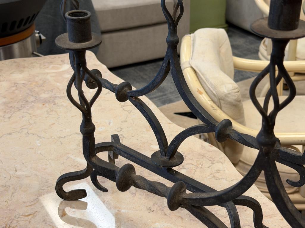 PAIR OF WROUGHT IRON FOUR FOOTED GOTHIC REVIVAL CANDLE HOLDERS - 3