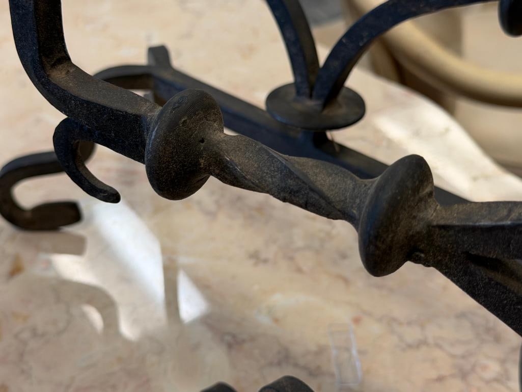 PAIR OF WROUGHT IRON FOUR FOOTED GOTHIC REVIVAL CANDLE HOLDERS - 4