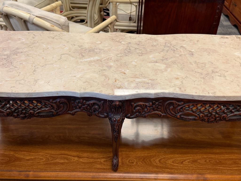 20TH CENTURY ROCOCO STYLE HAND CARVED COCKTAIL TABLE WITH STONE TOP - 2