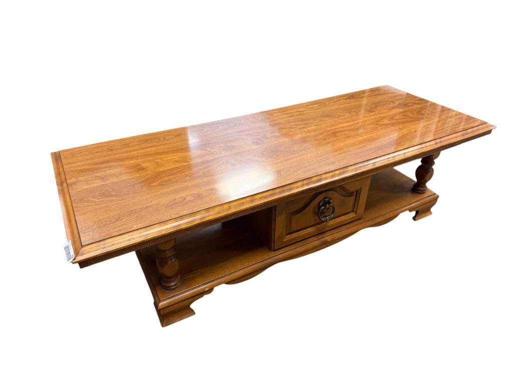VINTAGE BIRCH COCKTAIL TABLE WITH STORAGE BOTTOM: 57" X 22" X 16"