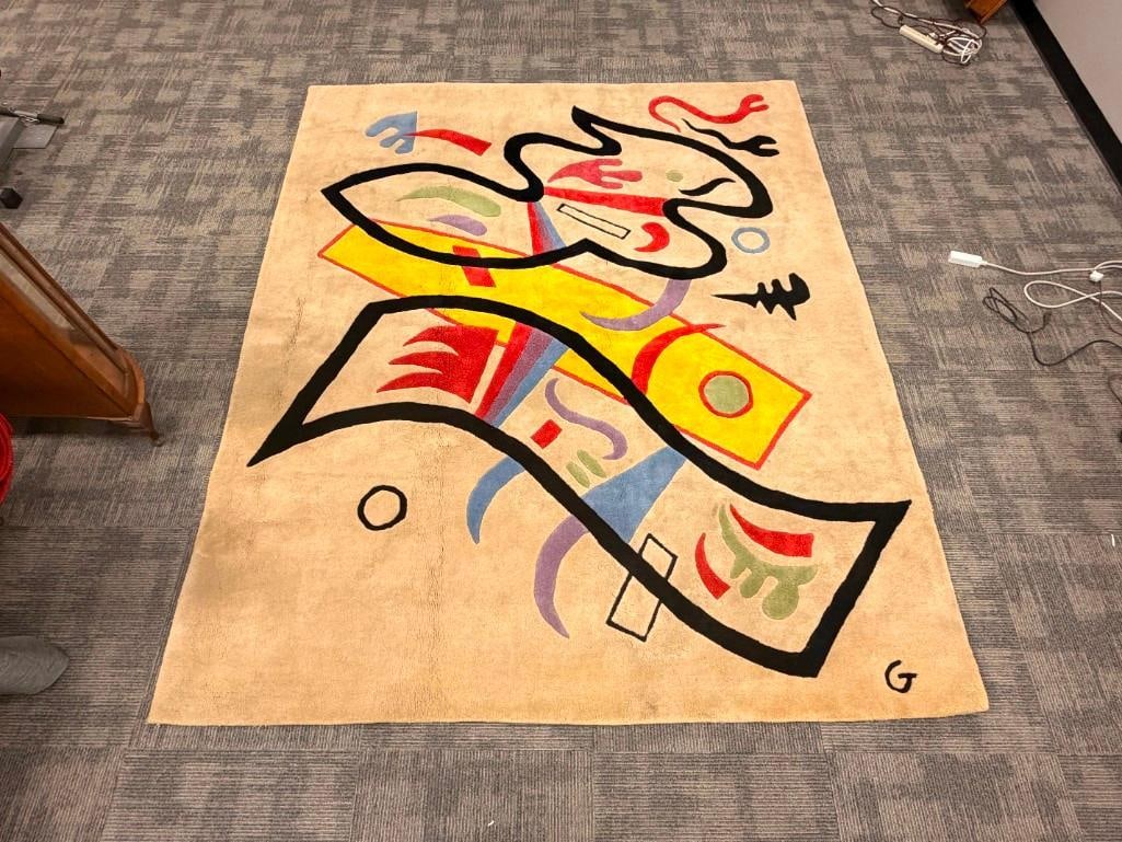 NOURISON GUGGENHEIM ARTS COLLECTION ARTIST INSPIRED 100% WOOL PILE RUG INSPIRED BY WASSILY KANDIN...: CONTEMPORARY AREA RUG WITH TUFTED COLORFUL DESIGN, ORIGINAL LABEL PRESENT, SIGNED "G" LOWER RIGHT CORNER 89" X 107" 