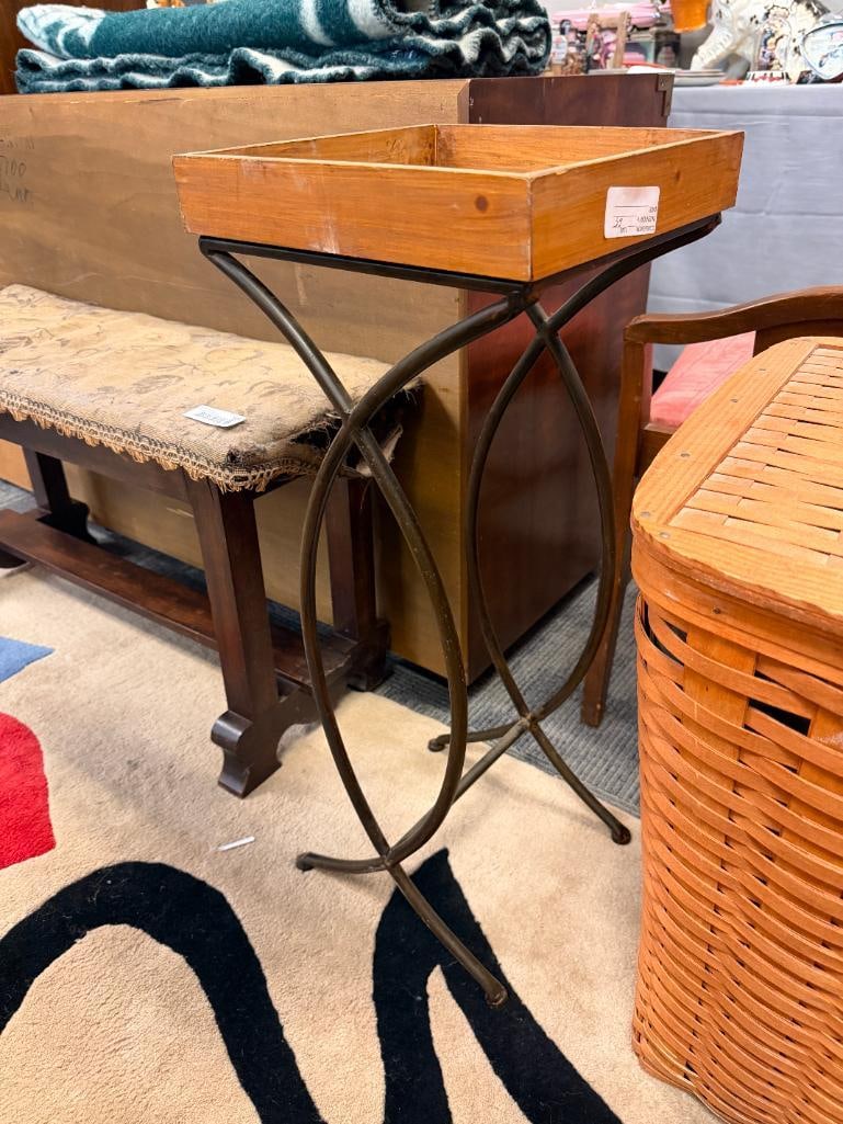 METAL PLANT STAND WITH WOOD AND CORRUGATED METAL TOP: 10" X 10" X 28"