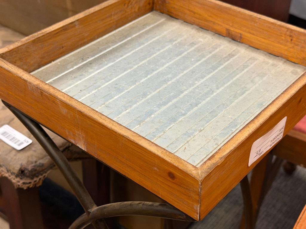 METAL PLANT STAND WITH WOOD AND CORRUGATED METAL TOP - 2