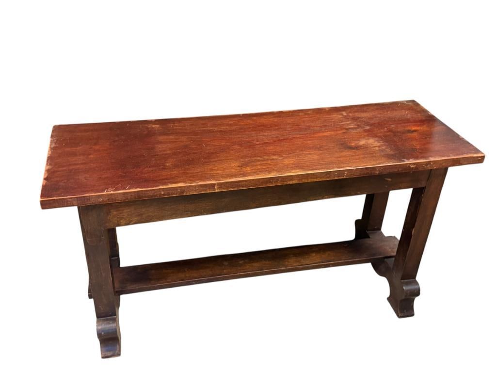 ANTIQUE MAHOGANY PIANO STOOL WITH HAND KNOTTED PADDED TOP: PADDED TOP SHOWS WEAR, TRESTLE DESIGN 34" X 13" X 18"