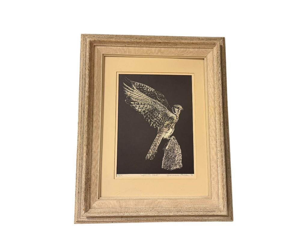 CHARMAINE FACCHIN SIGNED AND NUMBERED LIMITED-EDITION PRINT " SPARROW HAWK ": SIGNED BY ARTIST AND DATED 1976 IN LOWER RIGHT, NUMBERED 42/100, FRAMED AND MATTED 17" X 21" FRAME