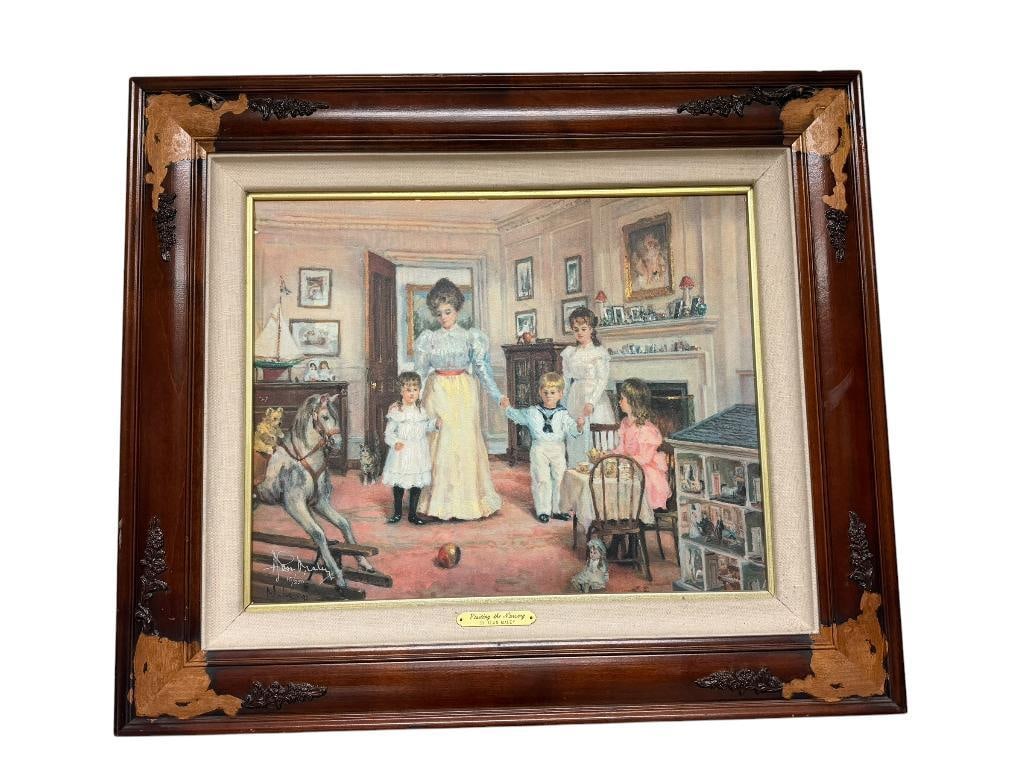 ALAN MALEY SIGNED AND NUMBERED LIMITED-EDITION PRINT ON CANVAS " VISITING THE NURSERY ": SIGNED AND NUMBERED 15/250 IN LOWER LEFT, WOOD FRAMED WITH DAMAGE TO CORNERS OF FRAME, DEPICTS MOTHER WITH HER CHILDREN IN LIVING ROOM WITH THEIR TOYS, CAROUSEL HORSE, AND DOLL HOUSE, ALAN MALEY