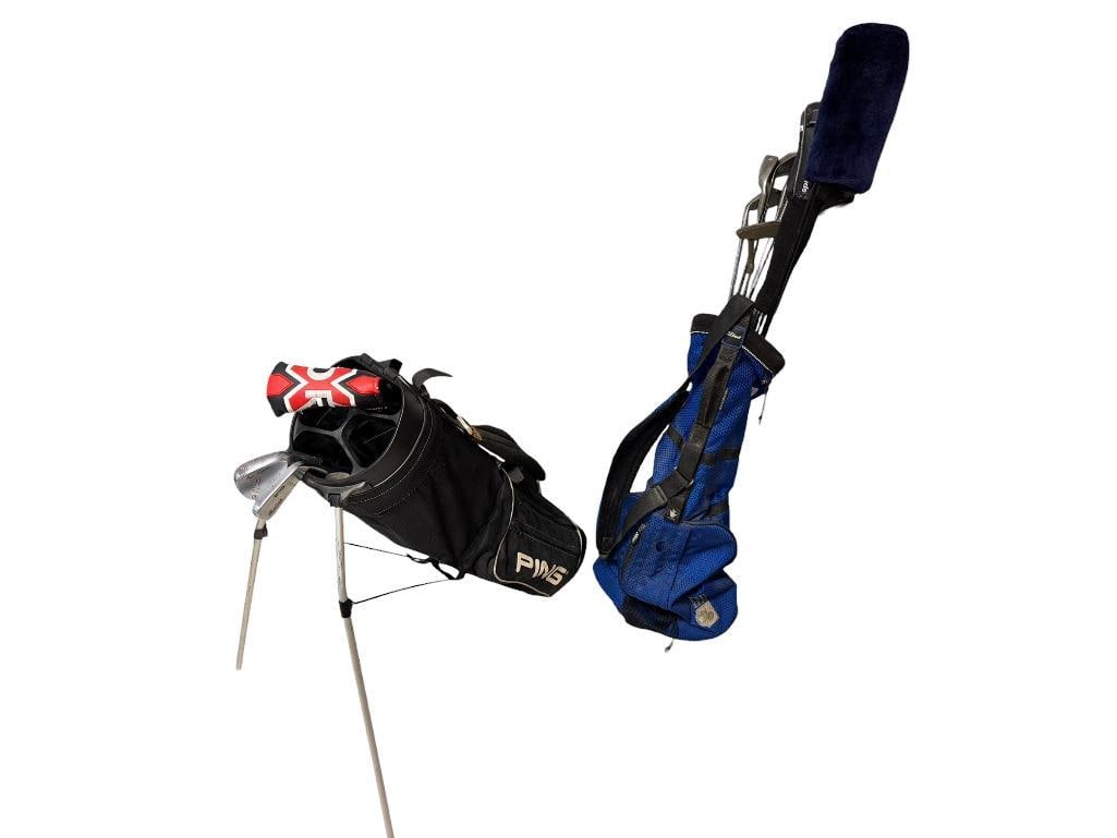 ASSORTED GOLF CLUBS AND TWO GOLF BAGS FEATURING A SET OF NINE PING EYE IRONS AND WEDGES: PING SET INCLUDES 3-9 IRONS AS WELL AS SAND WEDGE AND PITCHING WEDGE, ALSO INCLUDES HOGAN H40 DRIVER, COVERS DO NOT MATCH, TOUR EDGE 8.5 DEGREE DRIVER, ALSO INCLUDES MISC. IRONS