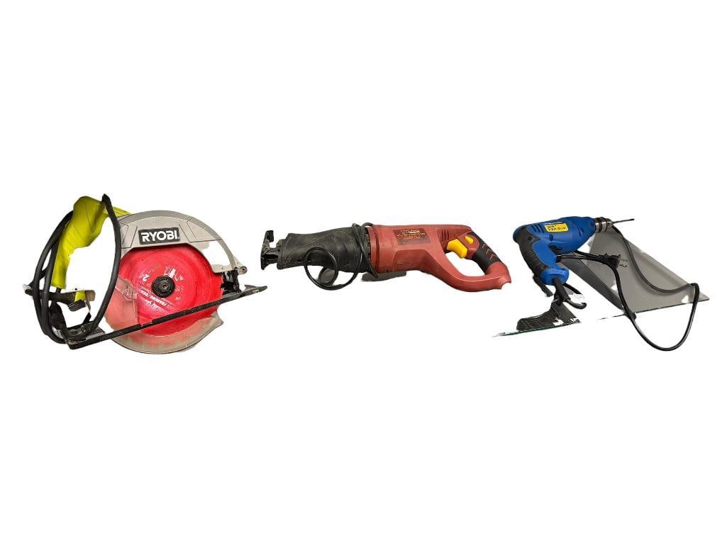 THREE ELECTRIC POWER TOOLS INCLUDING RYOBI CB125 CIRCULAR SAW, CHICAGO RECIPROCATING SAW, AND DRILL: 4 1/2" RECIPROCATING SAW, PROJECT PRO 3/8" VSR DRILL, AND CIRCULAR SAW WITH 7" BLADE, ALL TESTED +