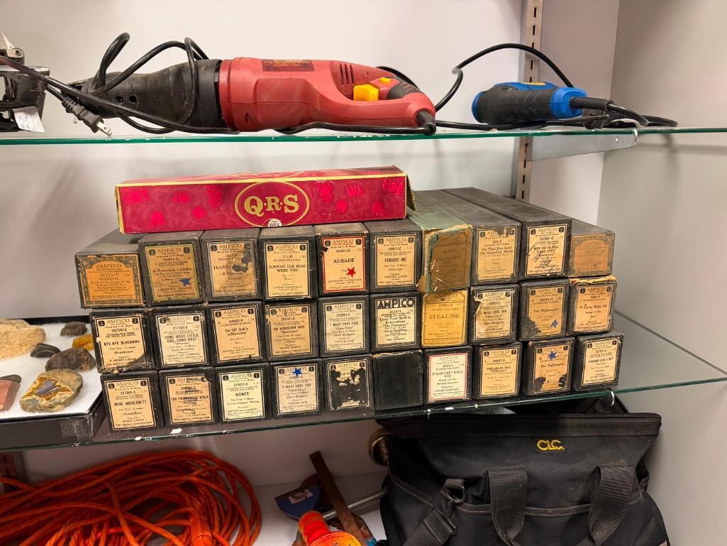 31 ANTIQUE PIANO ROLLS FEATURING 30 BY AMPICO WITH ORIGINAL BOXES: SEE PHOTOS FOR TITLES