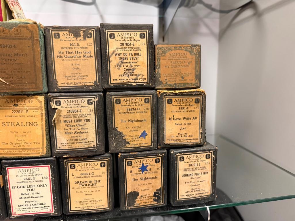 31 ANTIQUE PIANO ROLLS FEATURING 30 BY AMPICO WITH ORIGINAL BOXES - 9