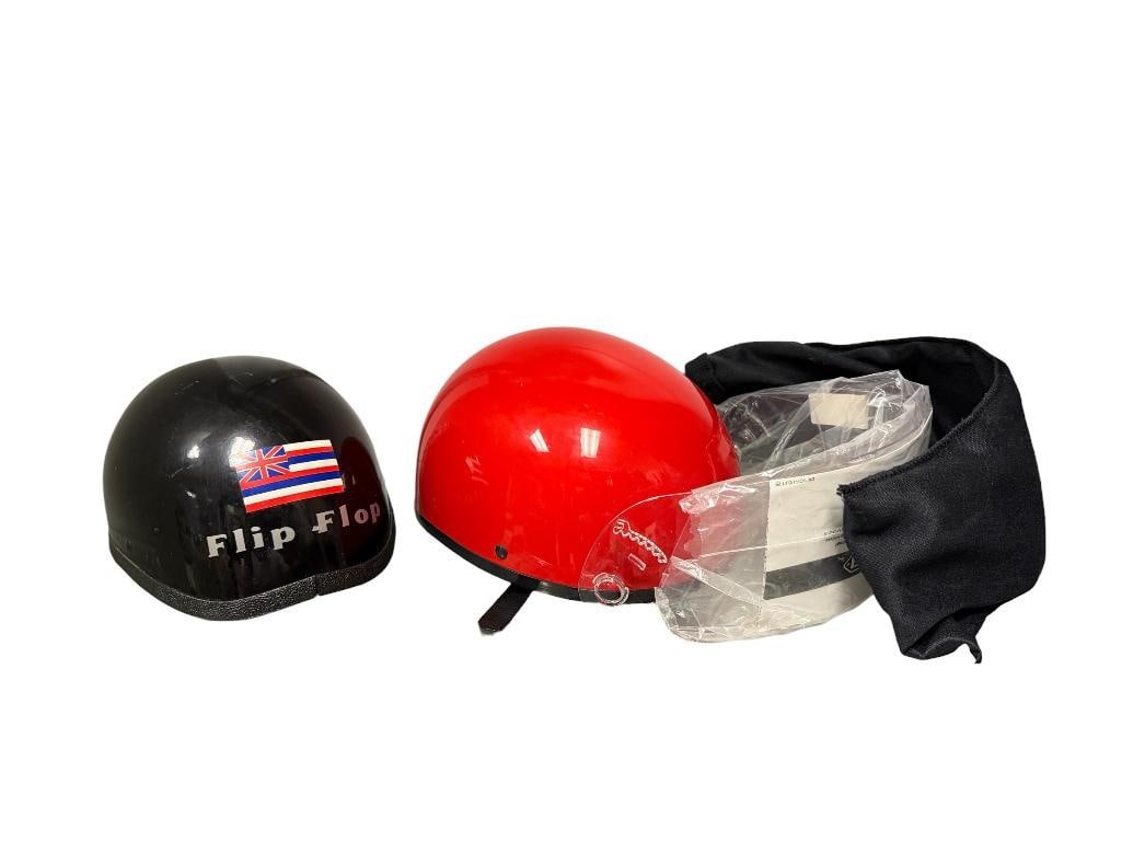 TWO VINTAGE SHELL MOTORCYCLE HELMETS INCLUDING VOLTAMP DOT CERTIFIED HELMET: ALSO INCLUDES SHOEI AND GMAX CLEAR VISORS