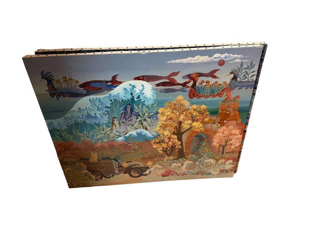 TWO ORIGINAL OIL PAINTINGS ON CANVAS BY LOCAL RENO, NEVADA ARTIST STEPHANIE HILTON: INCLUDES "SEASCAPE WITH A 1903 THOMAS TONNEAU MODEL 18 1 CYLINDER 8 HORSEPOWER MOTOR CAR", DATED 1993, ALSO INCLUDES "WALKING THE DOG" DATED 1995, BOTH SIGNED BY ARTIST ON BACK AS WELL BOTH 30"