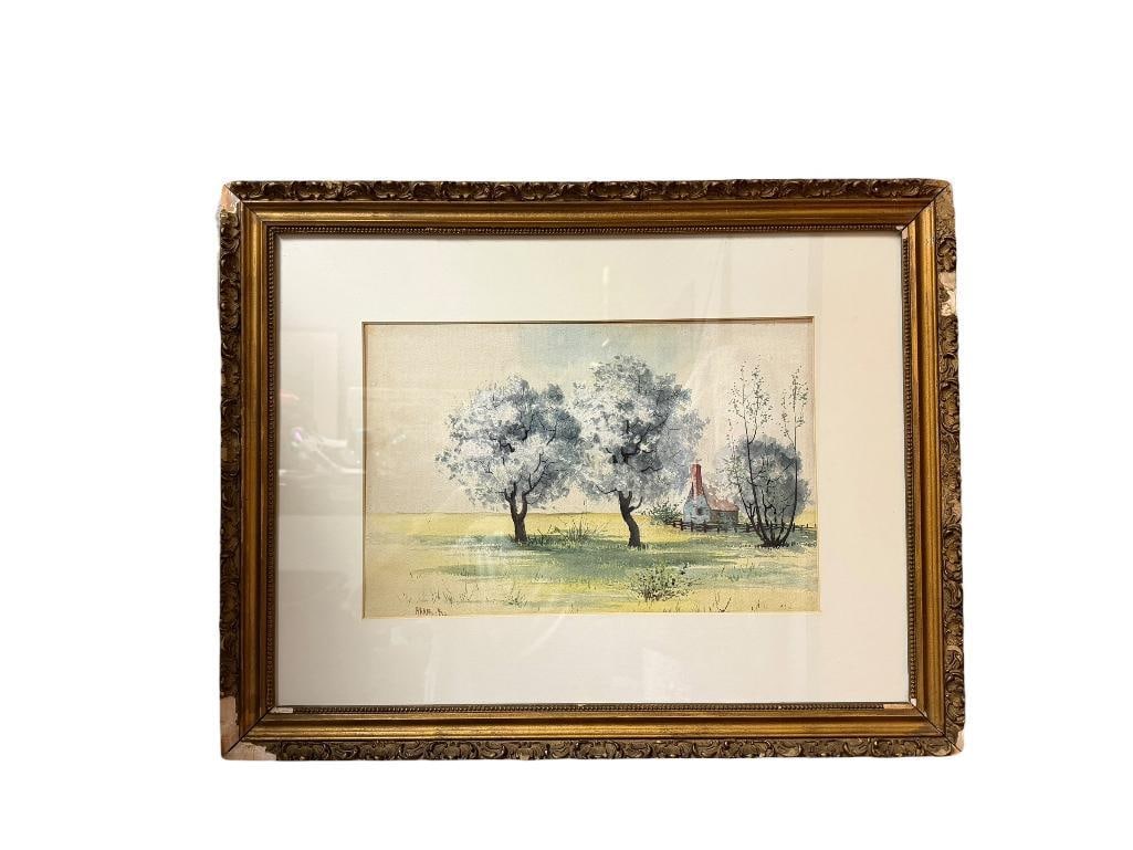 ORIGINAL WATRCOLOR ON PAPER SIGNED LANDSCAPE PAINTING BY ARAM K.: DEPICTS COUNTRYSIDE HOME BEHIND TREES, GILT FRAMED AND MATTED, SIGNED BY ARTIST IN LOWER LEFT, FRAME HAS DAMAGE 23" X 18"