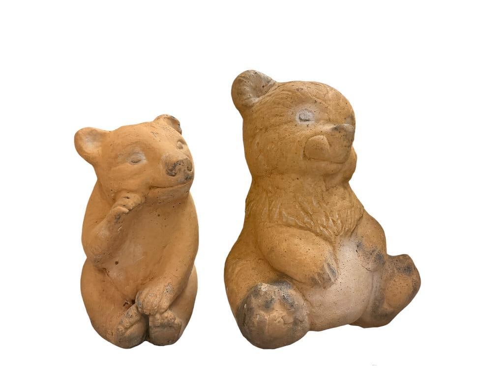 TWO PAINTED BROWN BEAR CEMENT YARD ART SCULPTURES: FAIR CONDITION LARGEST IS 11" H
