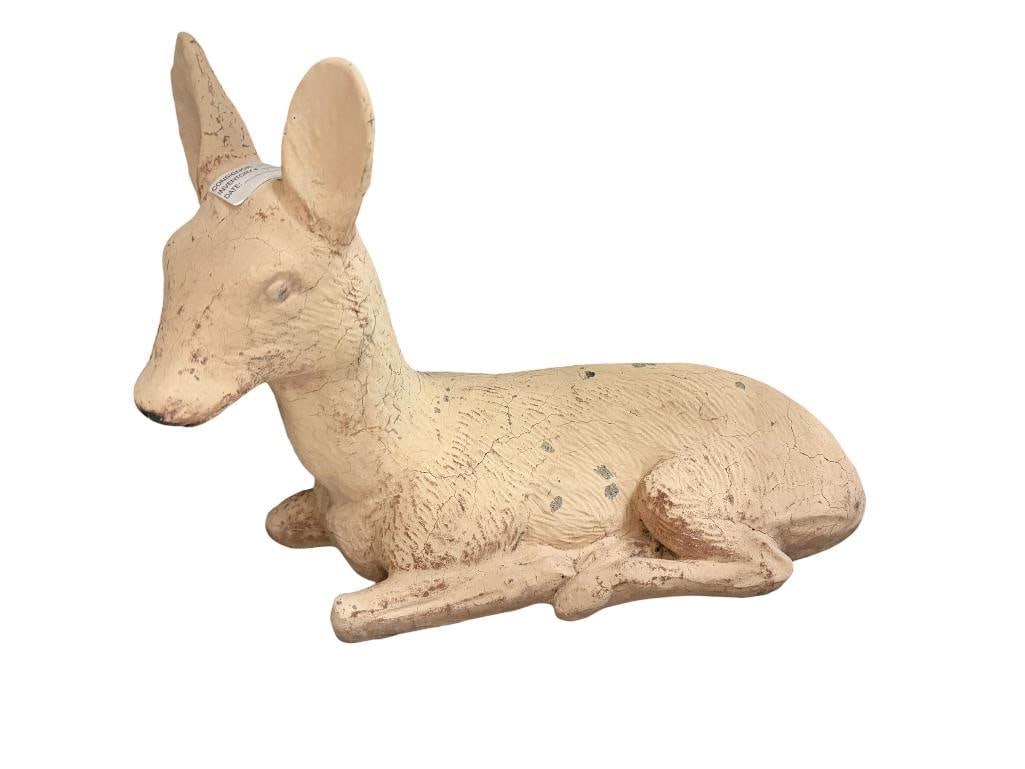 RESTING DOE DEER CEMENT YARD ART SCULPTURE: FAIR CONDITION 17" L