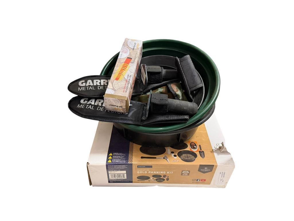 ASSORTED GOLD PANNING EQUIPMENT INCLUDING PLASTIC PANS, GARRET METAL DETECTORS SCOOPS, AND MORE (1 of 9)