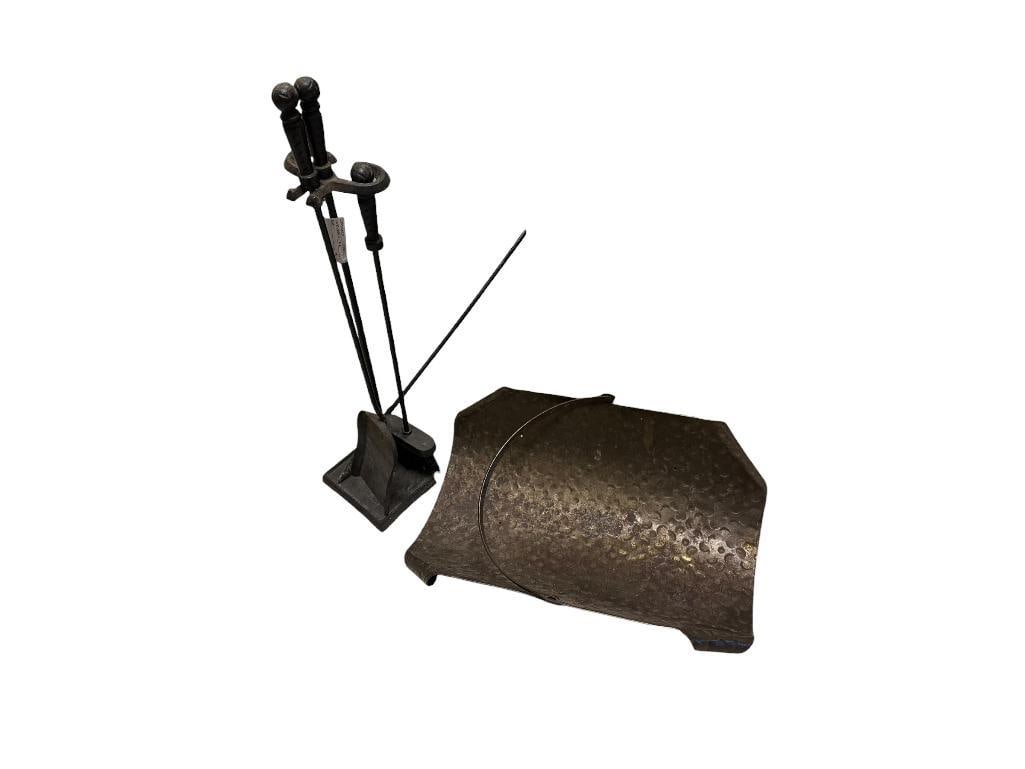 SET OF THREE CAST METAL FIRE TENDING TOOLS AND METAL FIREWOOD LOG BASKET (1 of 7)