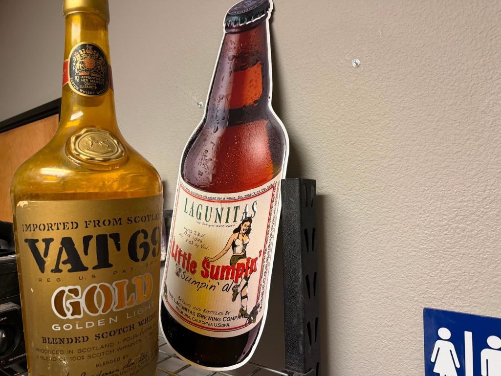 LAGUNITAS LITTLE SUMPIN' BEER ADVERTISEMENT TIN BAR SIGN AND VAT 69 GOLD SCOTCH PLASTIC BOTTLE - 10