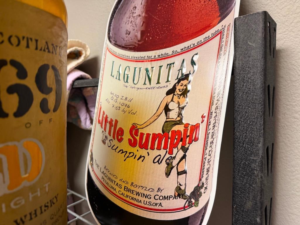 LAGUNITAS LITTLE SUMPIN' BEER ADVERTISEMENT TIN BAR SIGN AND VAT 69 GOLD SCOTCH PLASTIC BOTTLE - 11