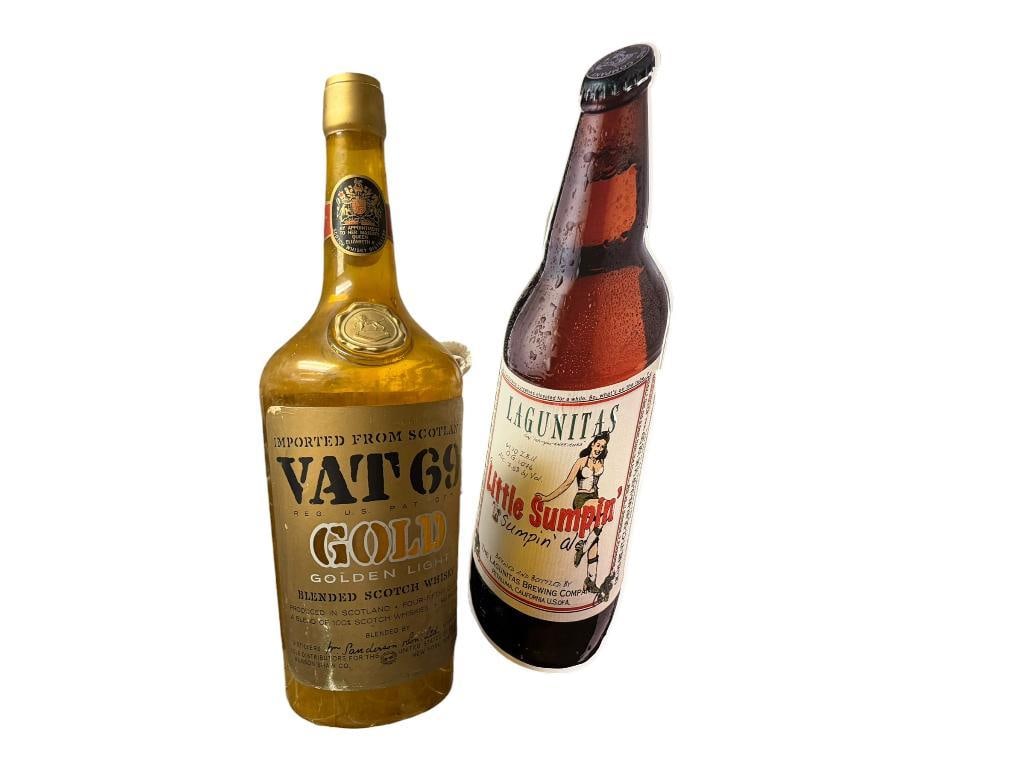 LAGUNITAS LITTLE SUMPIN' BEER ADVERTISEMENT TIN BAR SIGN AND VAT 69 GOLD SCOTCH PLASTIC BOTTLE (1 of 11)