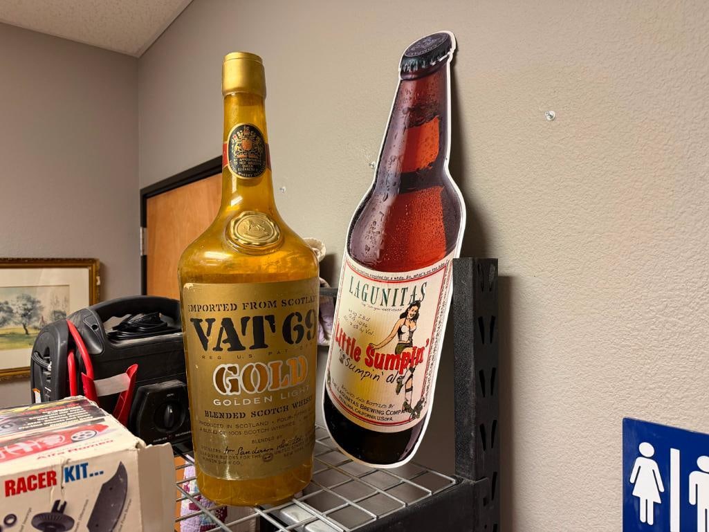 LAGUNITAS LITTLE SUMPIN' BEER ADVERTISEMENT TIN BAR SIGN AND VAT 69 GOLD SCOTCH PLASTIC BOTTLE - 2