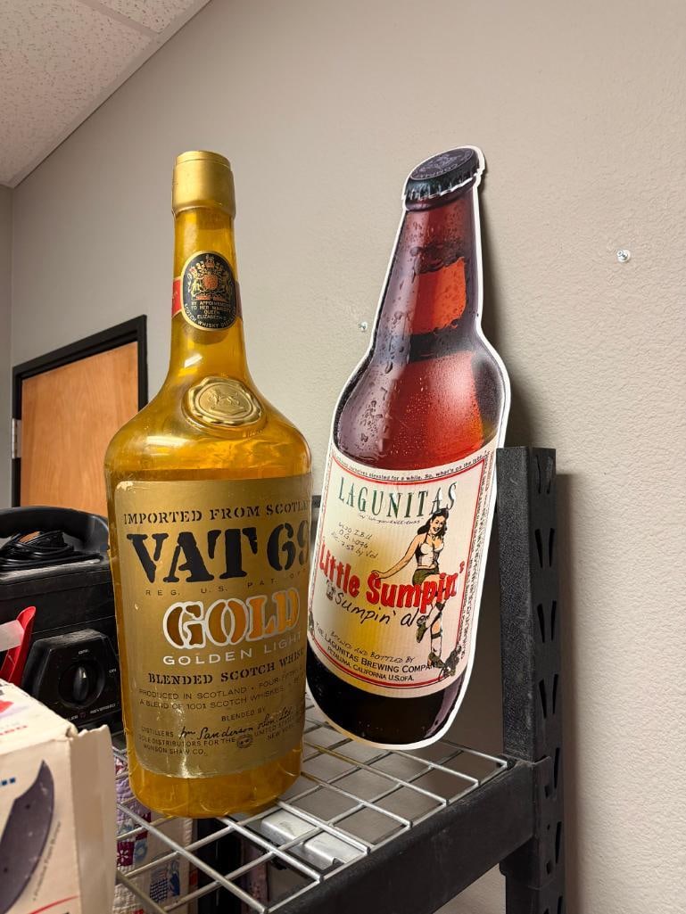 LAGUNITAS LITTLE SUMPIN' BEER ADVERTISEMENT TIN BAR SIGN AND VAT 69 GOLD SCOTCH PLASTIC BOTTLE - 3
