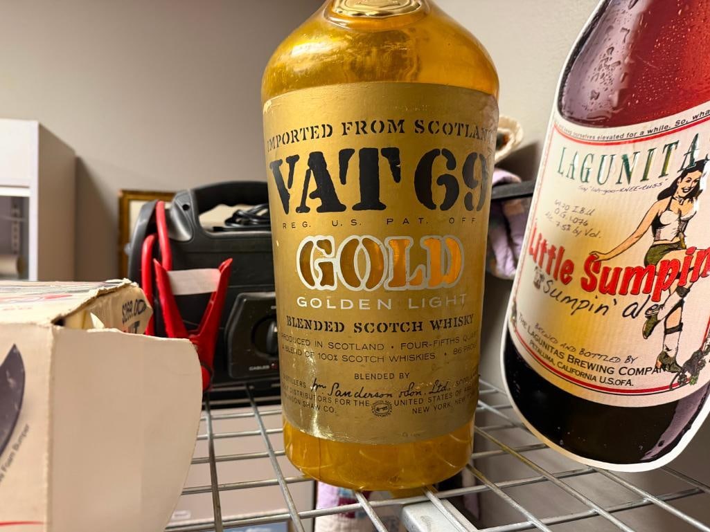 LAGUNITAS LITTLE SUMPIN' BEER ADVERTISEMENT TIN BAR SIGN AND VAT 69 GOLD SCOTCH PLASTIC BOTTLE - 4