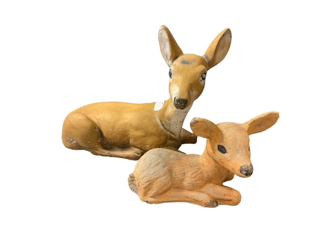 RESTING DOE AND FAWN DEER CEMENT YARD ART SCULPTURES: BOTH HAND PAINTED, FAIR CONDITION LARGEST IS 12 1/2" H