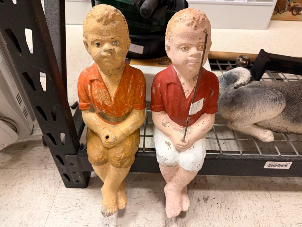 TWO HANDPAINTED SITTING FISHING BOY CEMENT YARD ART SCULPTURES - 2